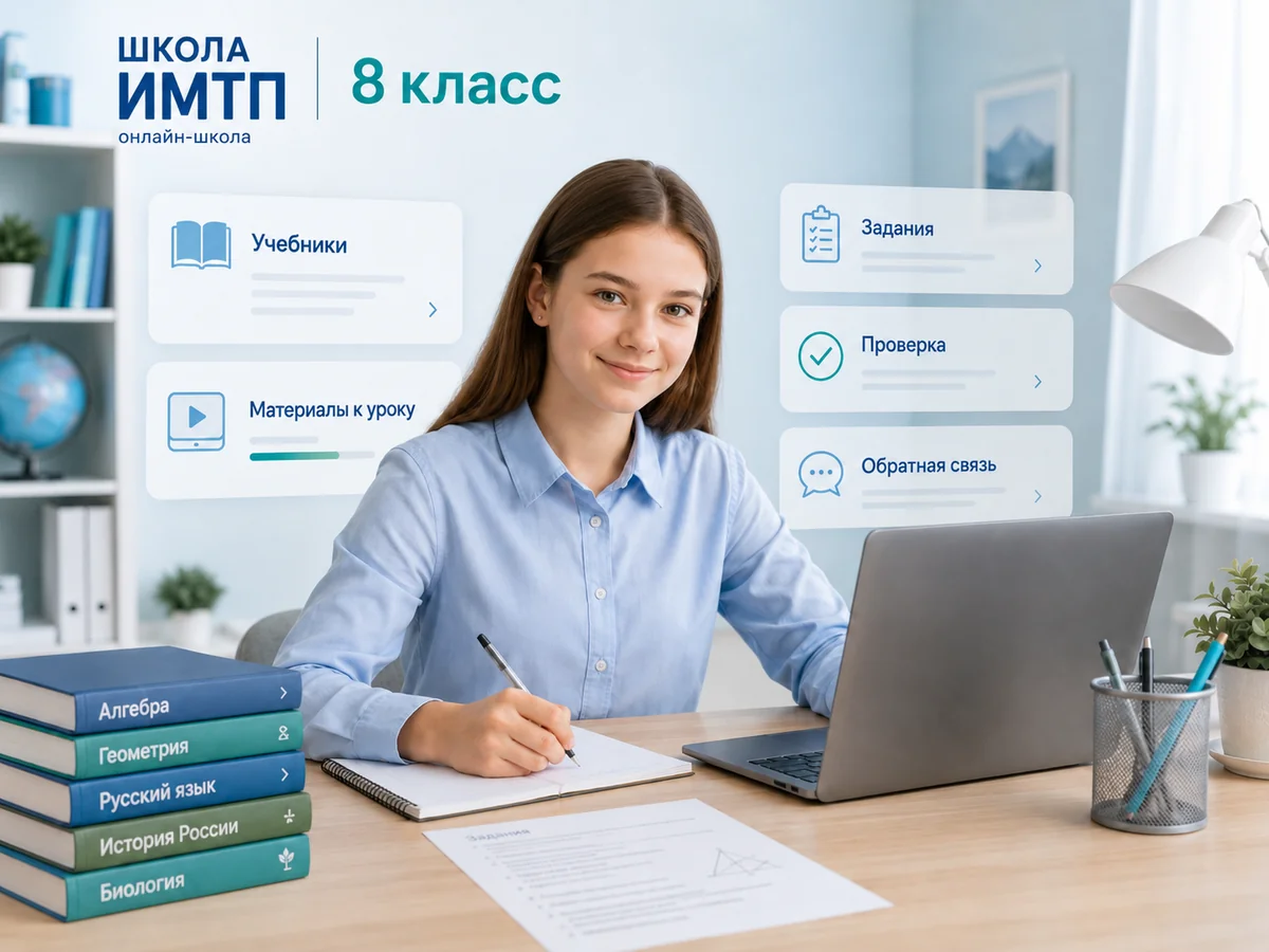 Учебники, материалы и задания для 8 класса онлайн - восьмиклассница улыбается за ноутбуком, на столе учебники, тетрадь и лист с заданием, на фоне карточки электронной среды Учебники, Материалы к уроку, Задания, Проверка и Обратная связь