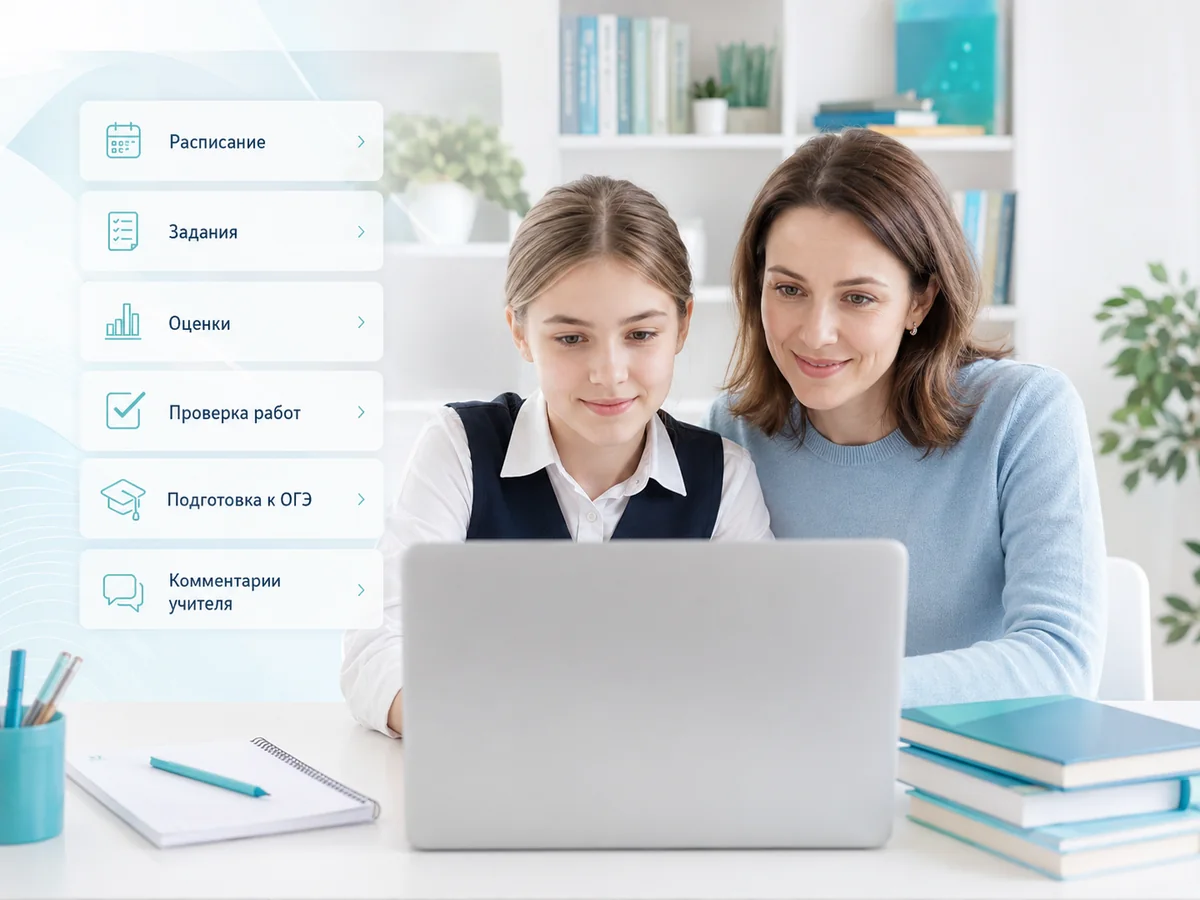 Родительский контроль в 9 классе онлайн - мама и девятиклассница смотрят учебные результаты, задания, оценки и подготовку к ОГЭ в электронной среде Школы ИМТП