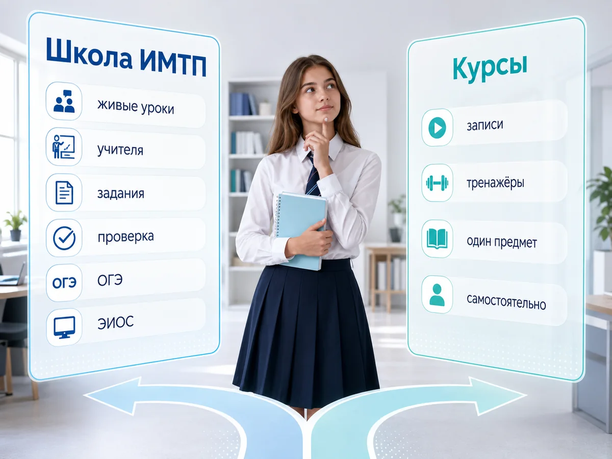 9 класс в онлайн-школе или онлайн-курсы - девятиклассница выбирает между Школой ИМТП и курсами, живыми уроками, заданиями, проверкой, ОГЭ, ЭИОС, записями и тренажёрами