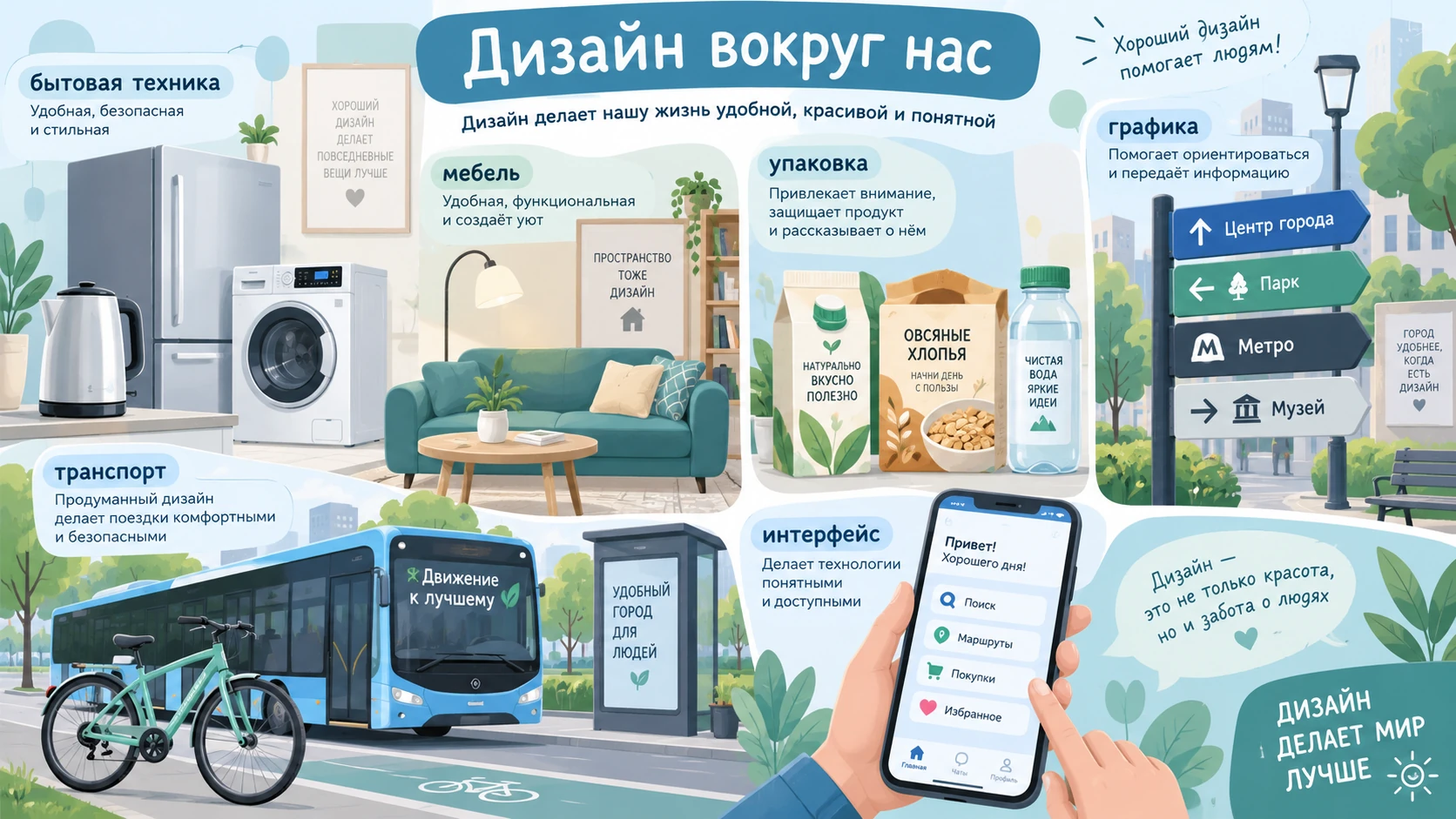 Примеры дизайна окружающих предметов: мебель, техника, упаковка, транспорт и цифровой интерфейс