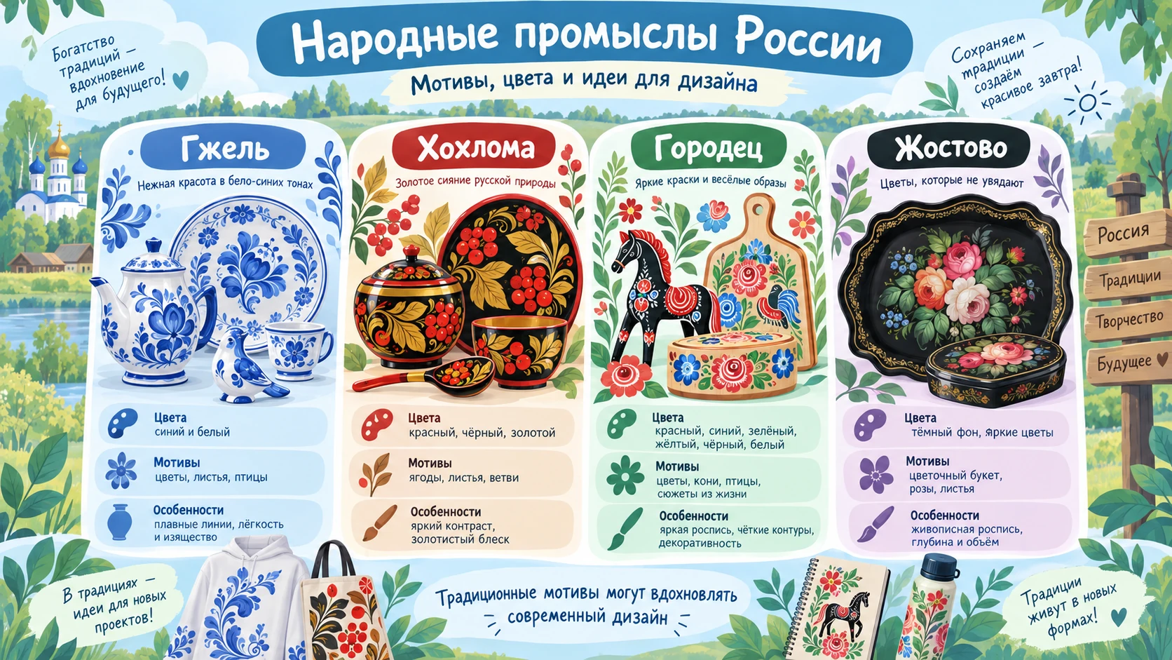 Сравнение характерных мотивов гжели, хохломы, городецкой и жостовской росписи