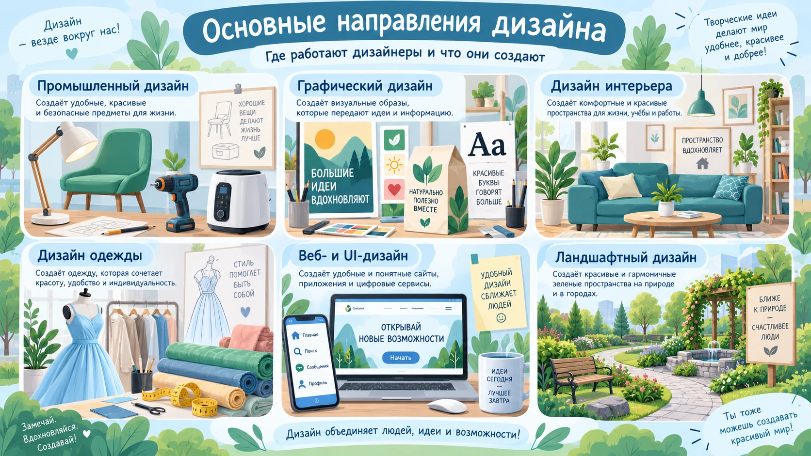 Основные направления дизайна: промышленный, графический, интерьерный, цифровой, одежда и ландшафт
