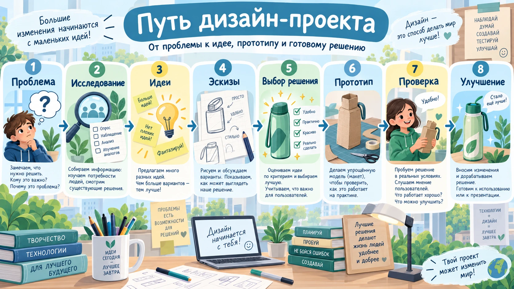 Этапы дизайн-проекта от определения проблемы и исследования до эскиза, прототипа, проверки и готового решения