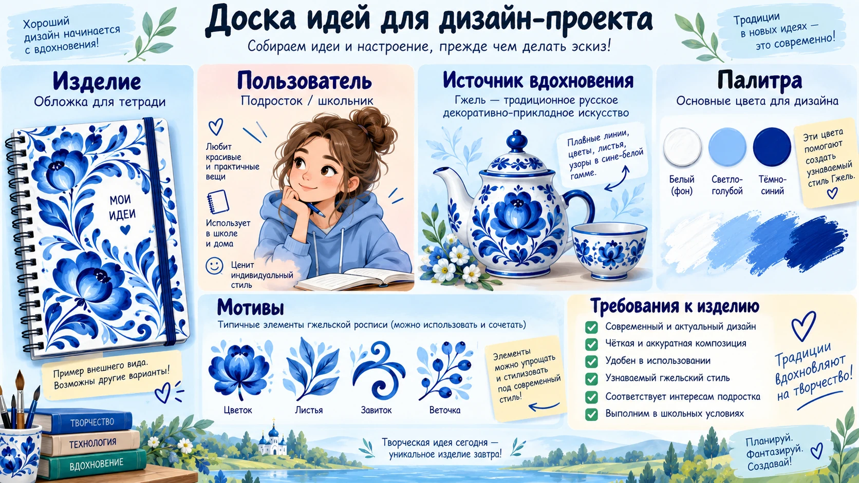 Учебная доска идей дизайн-проекта: изделие, пользователь, палитра, мотивы и требования