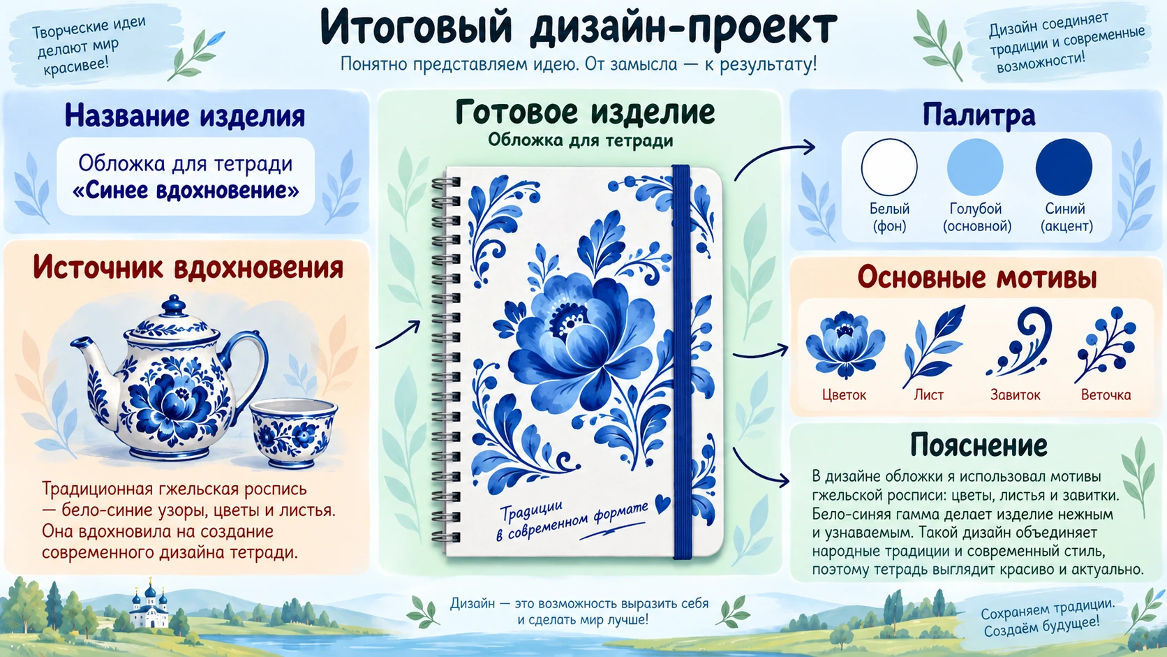 Пример итогового дизайн-проекта с изображением изделия, названием, палитрой, мотивами и кратким пояснением