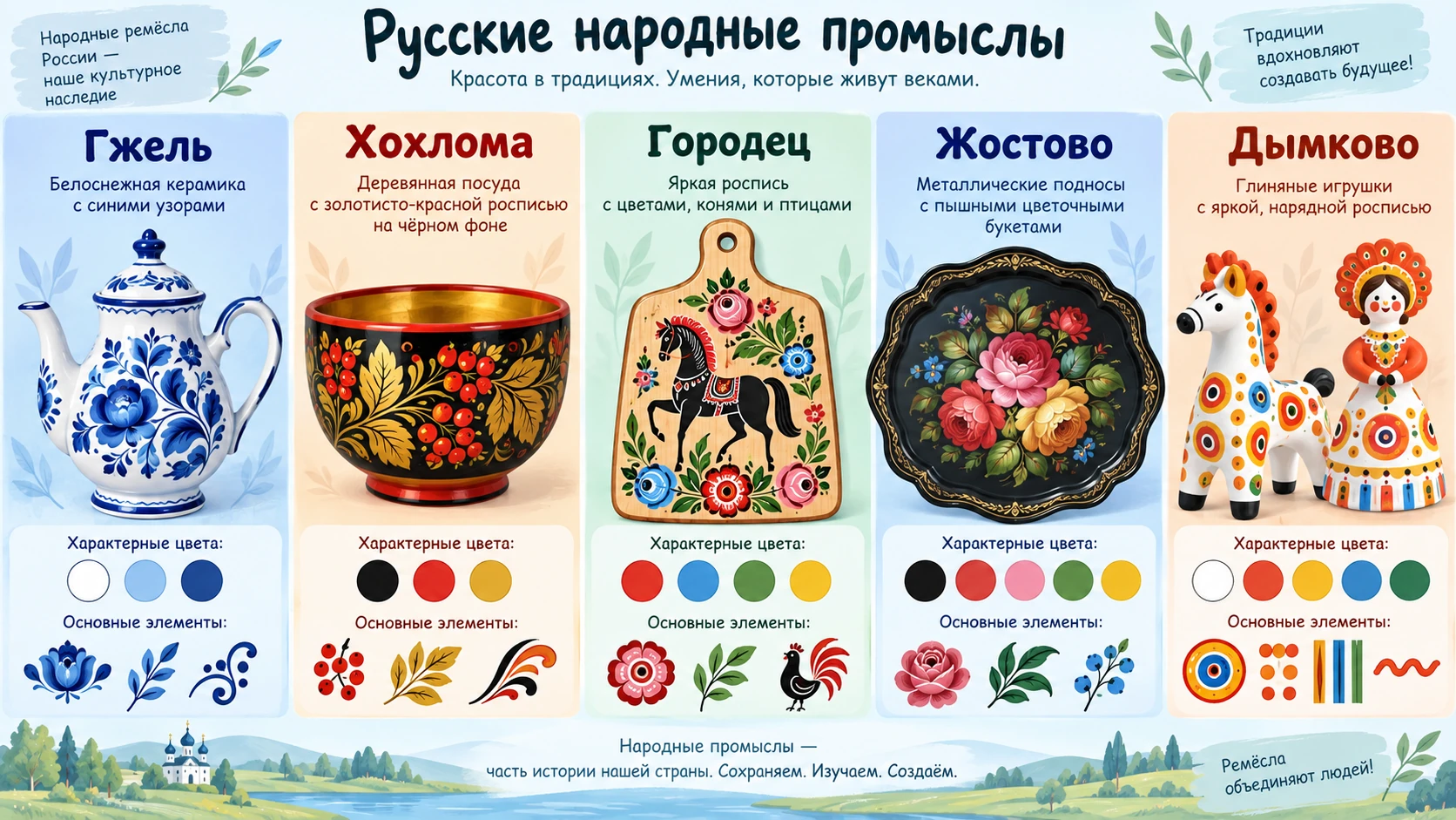 Сравнение характерных цветов и мотивов гжели, хохломы, городецкой, жостовской и дымковской традиций