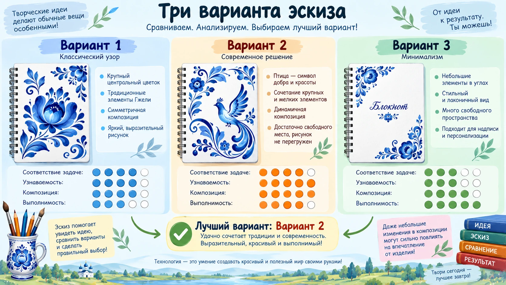 Три варианта эскиза современного изделия с мотивами народного промысла и выбор лучшего варианта