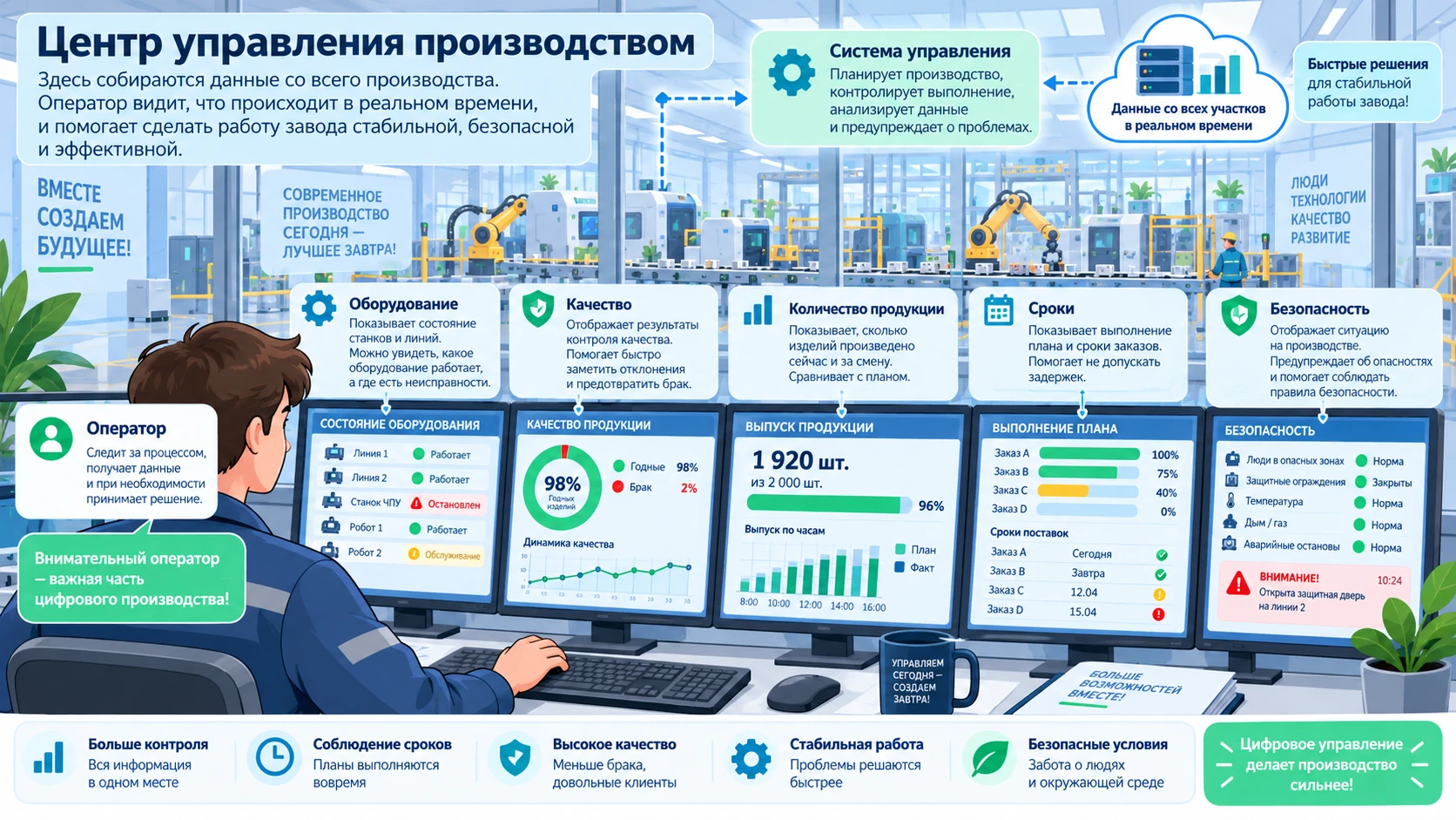 Операторская цифрового производства с экранами состояния оборудования, графиками и предупреждениями
