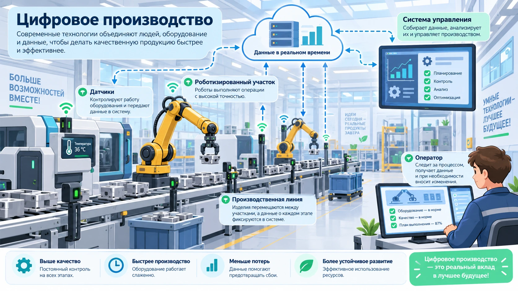 Современное цифровое производство с автоматизированным оборудованием, роботами, датчиками и системой управления