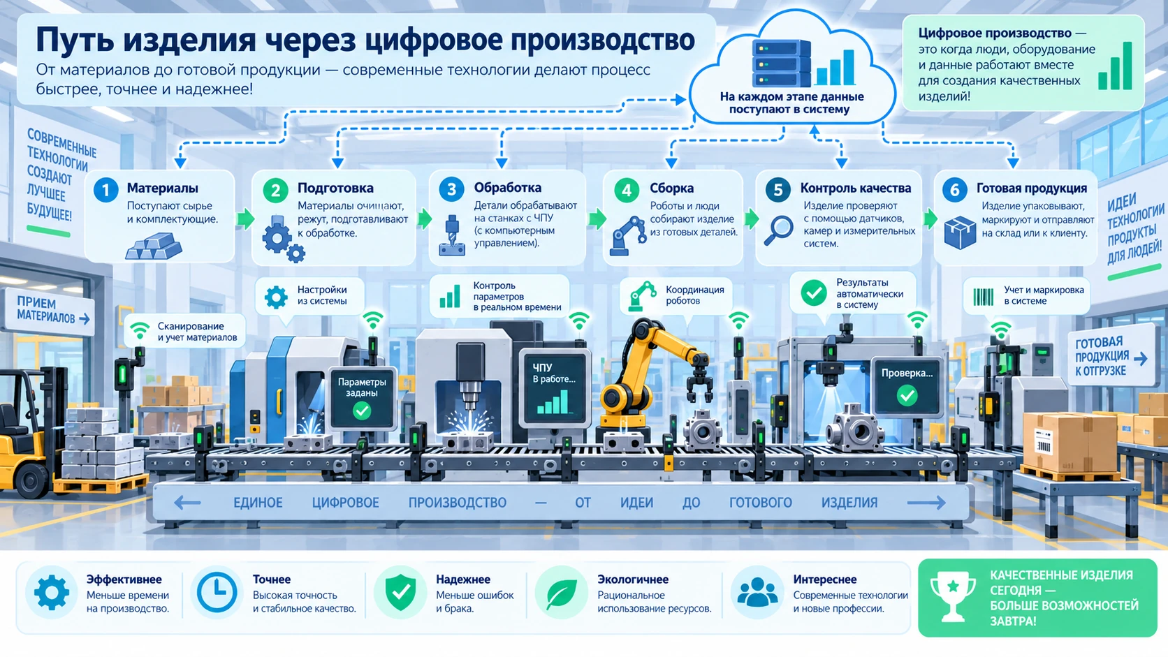 Схема производственного потока от материалов через обработку и сборку до контроля качества и готовой продукции