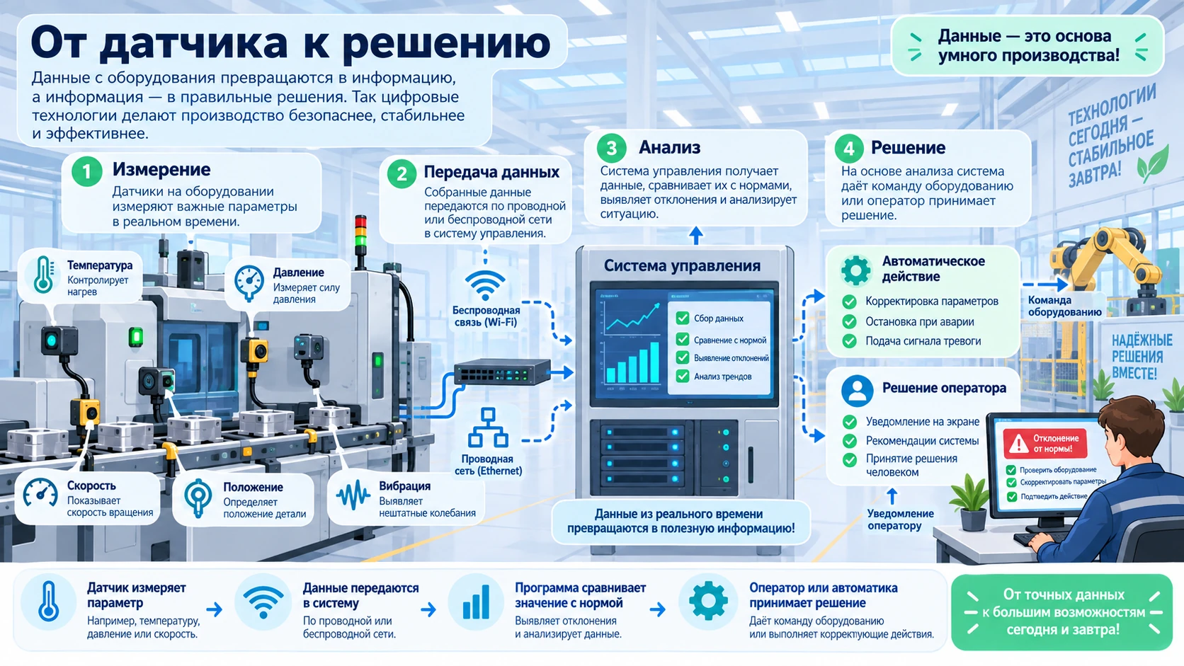 Схема передачи данных от датчиков оборудования к компьютеру и системе управления производством