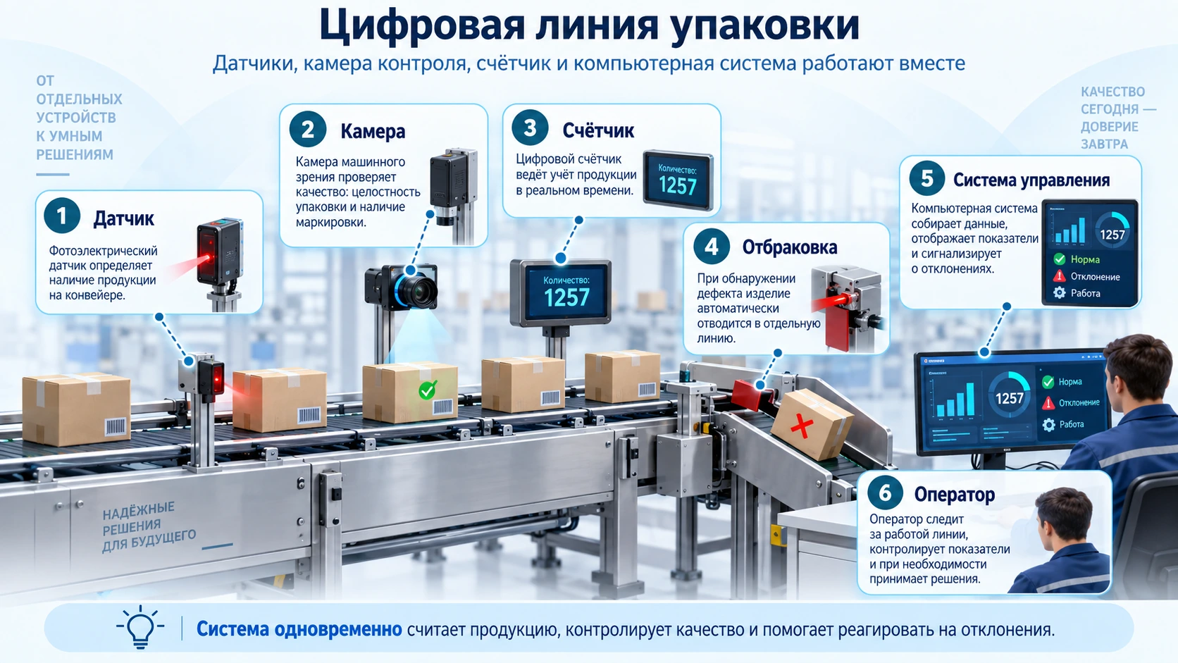 Учебная схема автоматизированной производственной линии упаковки с конвейером, датчиками, камерой контроля качества и компьютерной системой