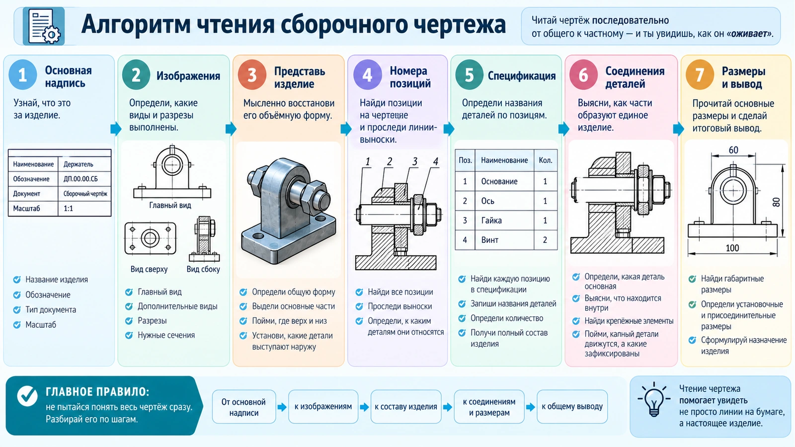 Пошаговый алгоритм чтения сборочного чертежа от основной надписи до анализа деталей, размеров и соединений