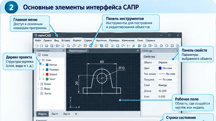 Учебная схема интерфейса САПР с рабочим полем, панелью инструментов, деревом проекта, панелью свойств и строкой состояния