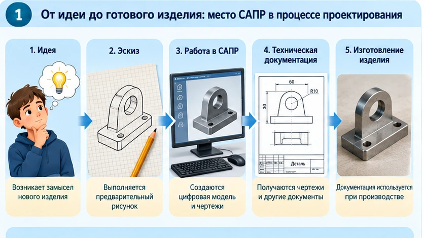 Учебная схема от идеи и эскиза через работу в САПР к чертежу, трехмерной модели и изготовлению изделия
