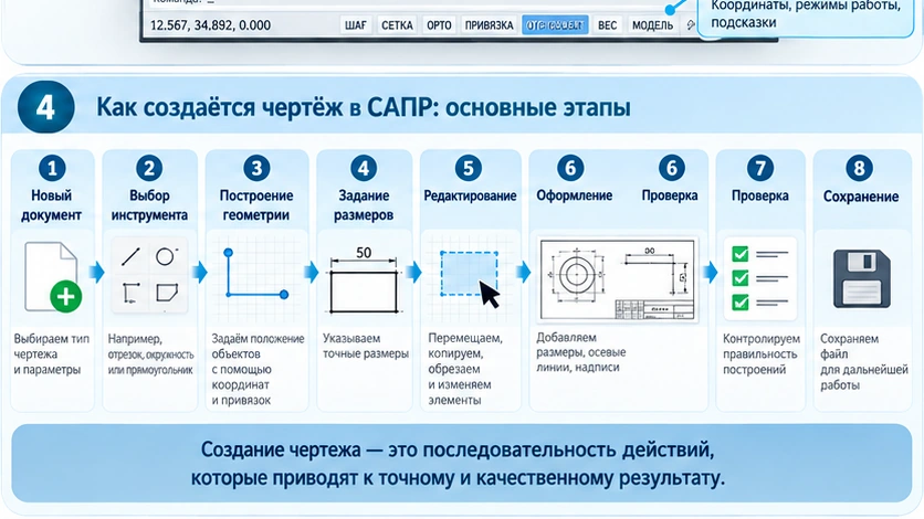 Пошаговая учебная схема создания чертежа в САПР: новый документ, геометрические примитивы, привязки, размеры, редактирование, проверка и сохранение