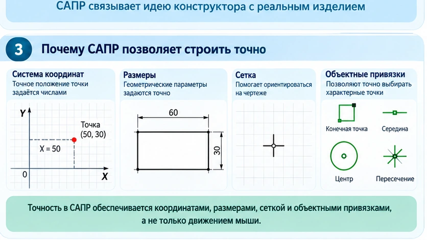 Учебная схема координат, размеров, сетки и объектных привязок в системе автоматизированного проектирования