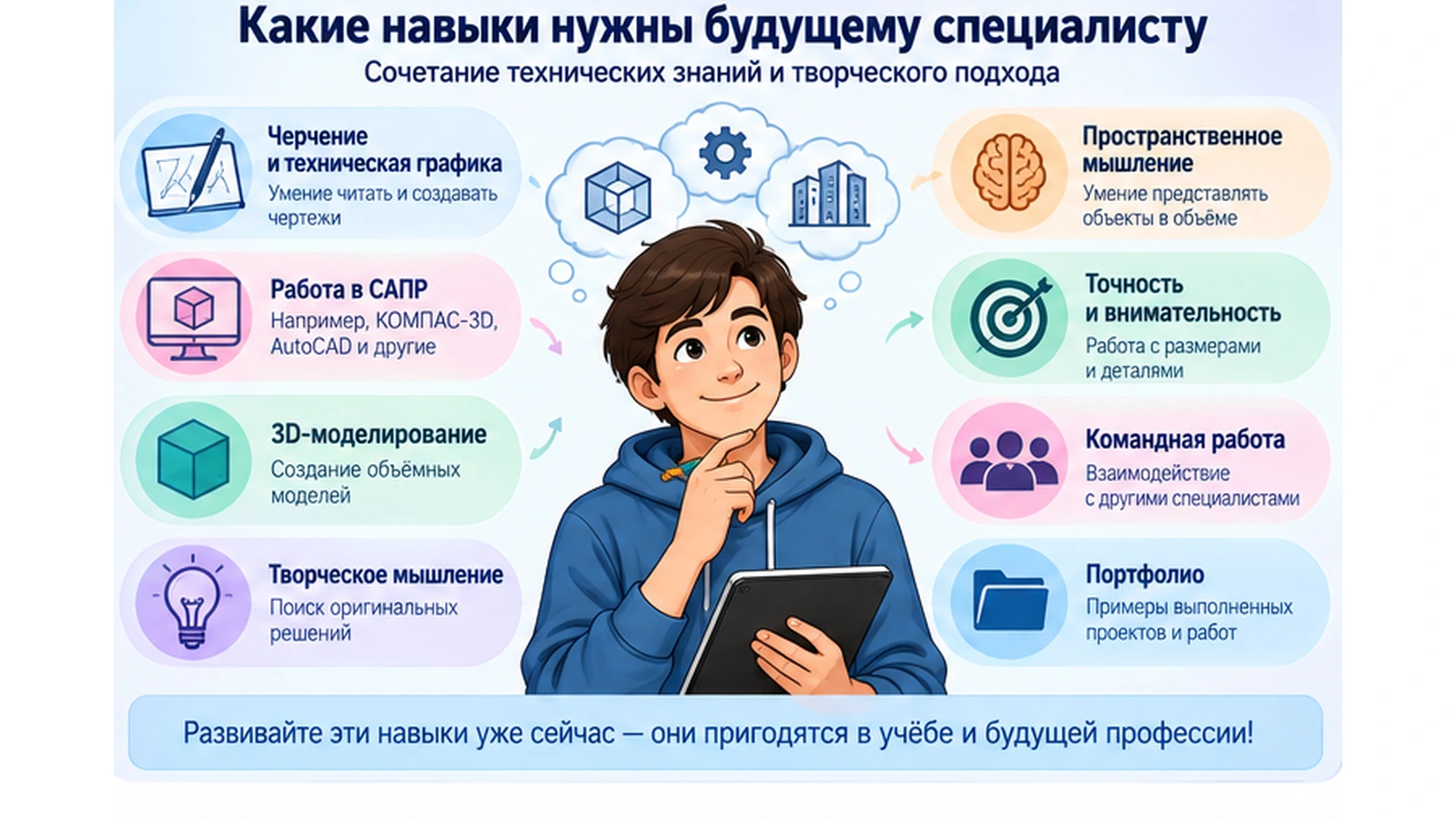 Навыки специалиста по проектированию: черчение, САПР, 3D, пространственное мышление, творчество, точность и портфолио
