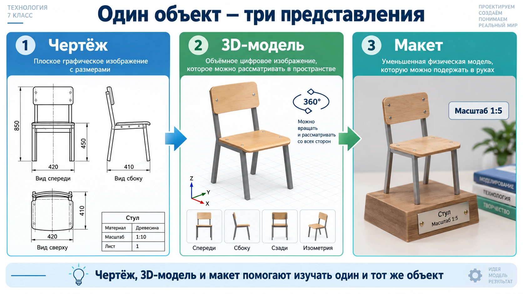 Сравнение чертежа, цифровой трехмерной модели и физического макета одного объекта