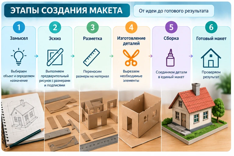 Этапы создания макета от идеи и эскиза до изготовления деталей, сборки и готового результата