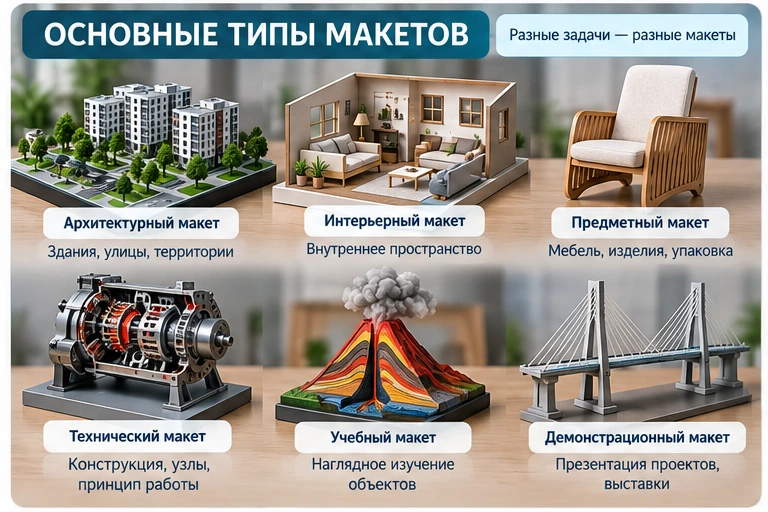 Типы макетов: архитектурный, предметный, учебный, технический, демонстрационный и интерьерный