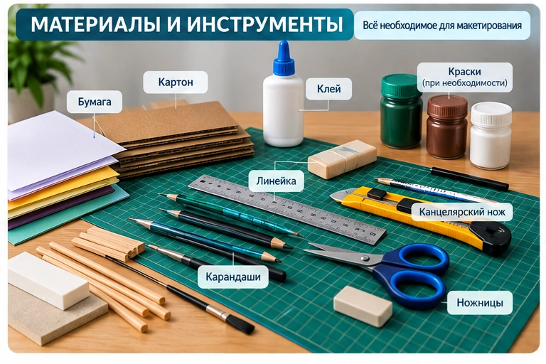 Бумага, картон, карандаш, линейка, ножницы, канцелярский нож и клей для макетирования