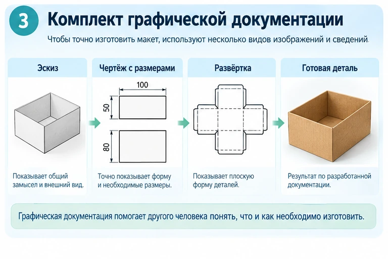 Комплект графической документации макета: эскиз, размеры, развёртка и готовая деталь
