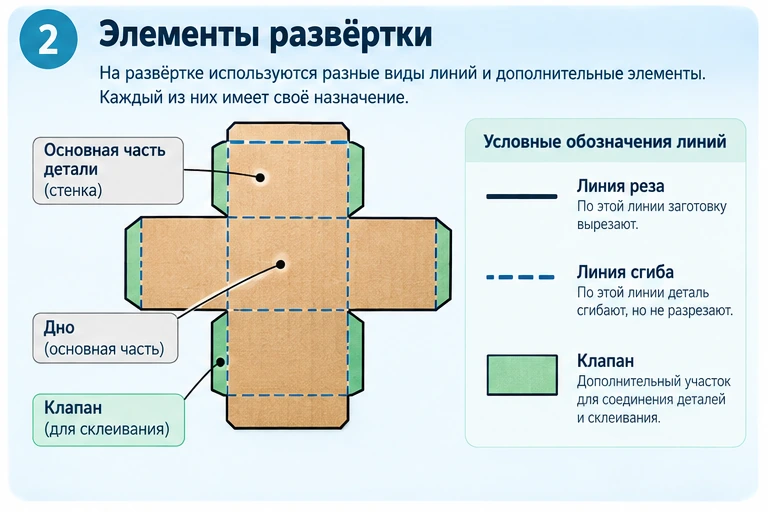 Линии реза, линии сгиба, клапаны и размеры на развёртке