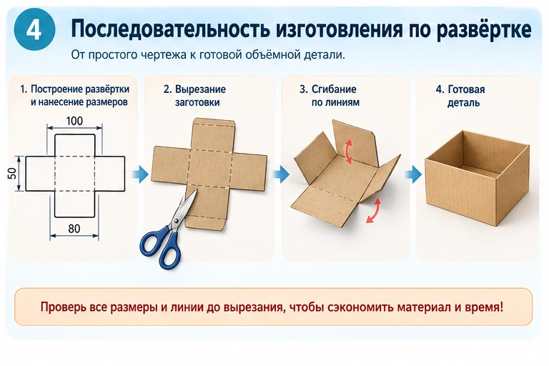 Последовательность построения развёртки и превращения её в объёмную коробку