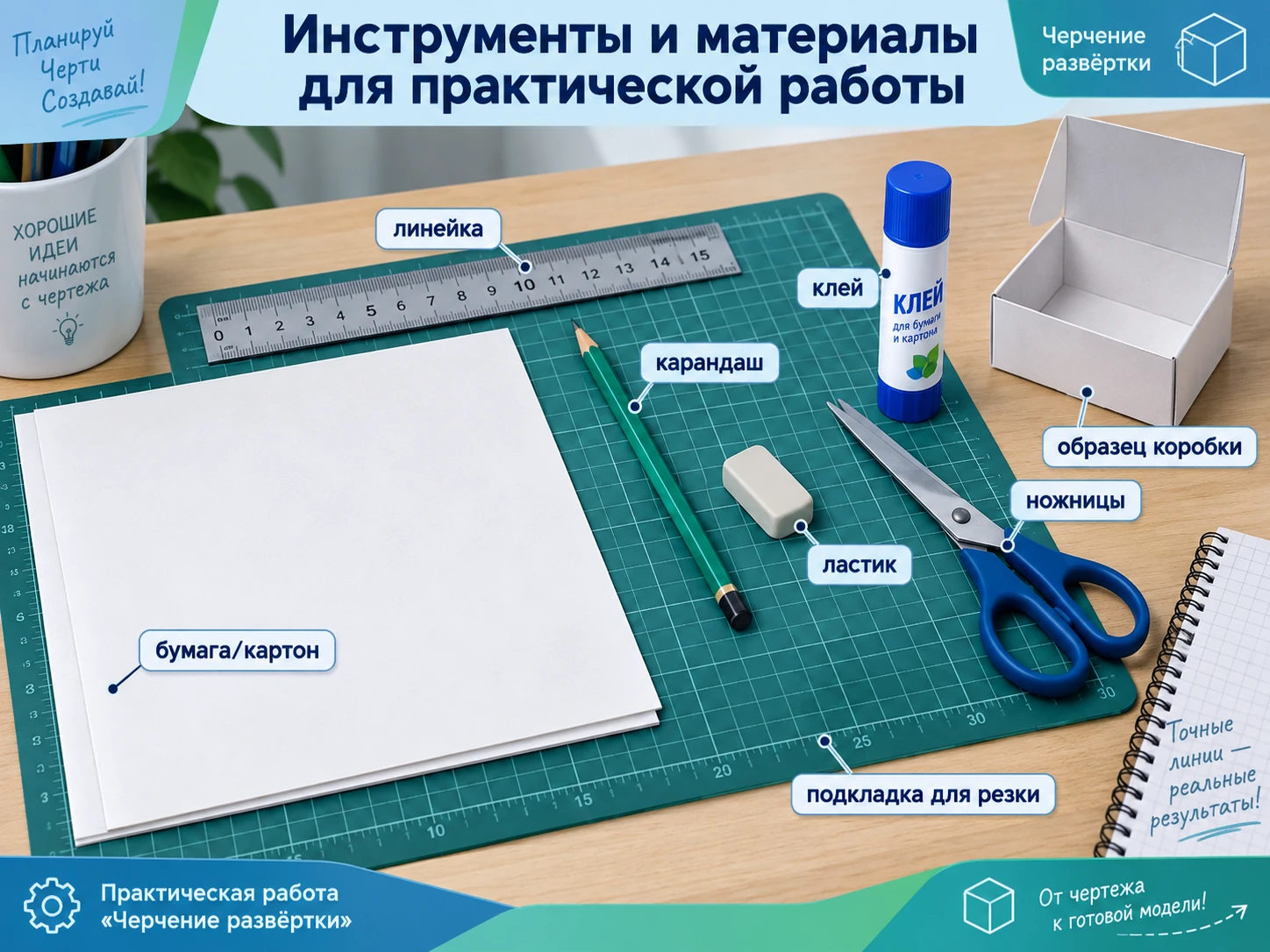 Инструменты для черчения развёртки: лист бумаги, карандаш, линейка, угольник и ластик