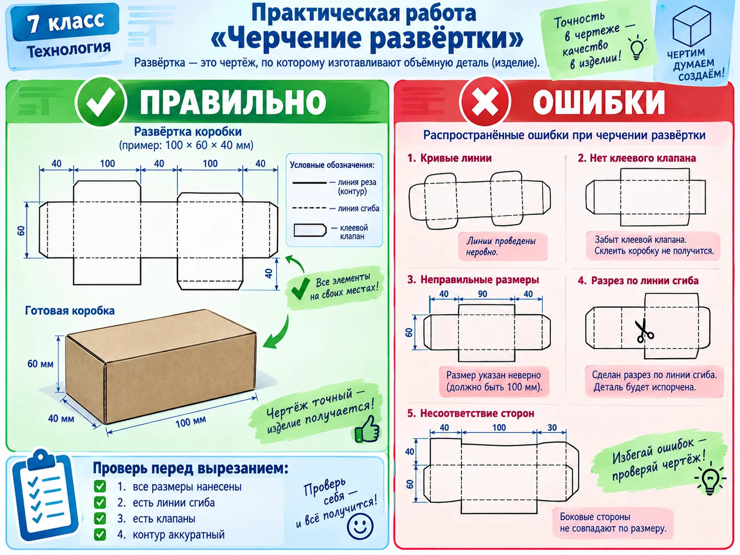 Проверка готовой развёртки коробки: размеры, линии сгиба, клапаны и соответствие объёмной форме