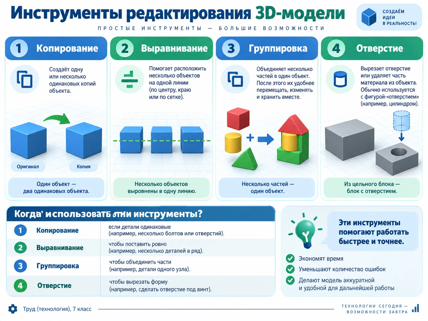 Инструменты редактирования 3D-модели: копирование выравнивание группировка и отверстия