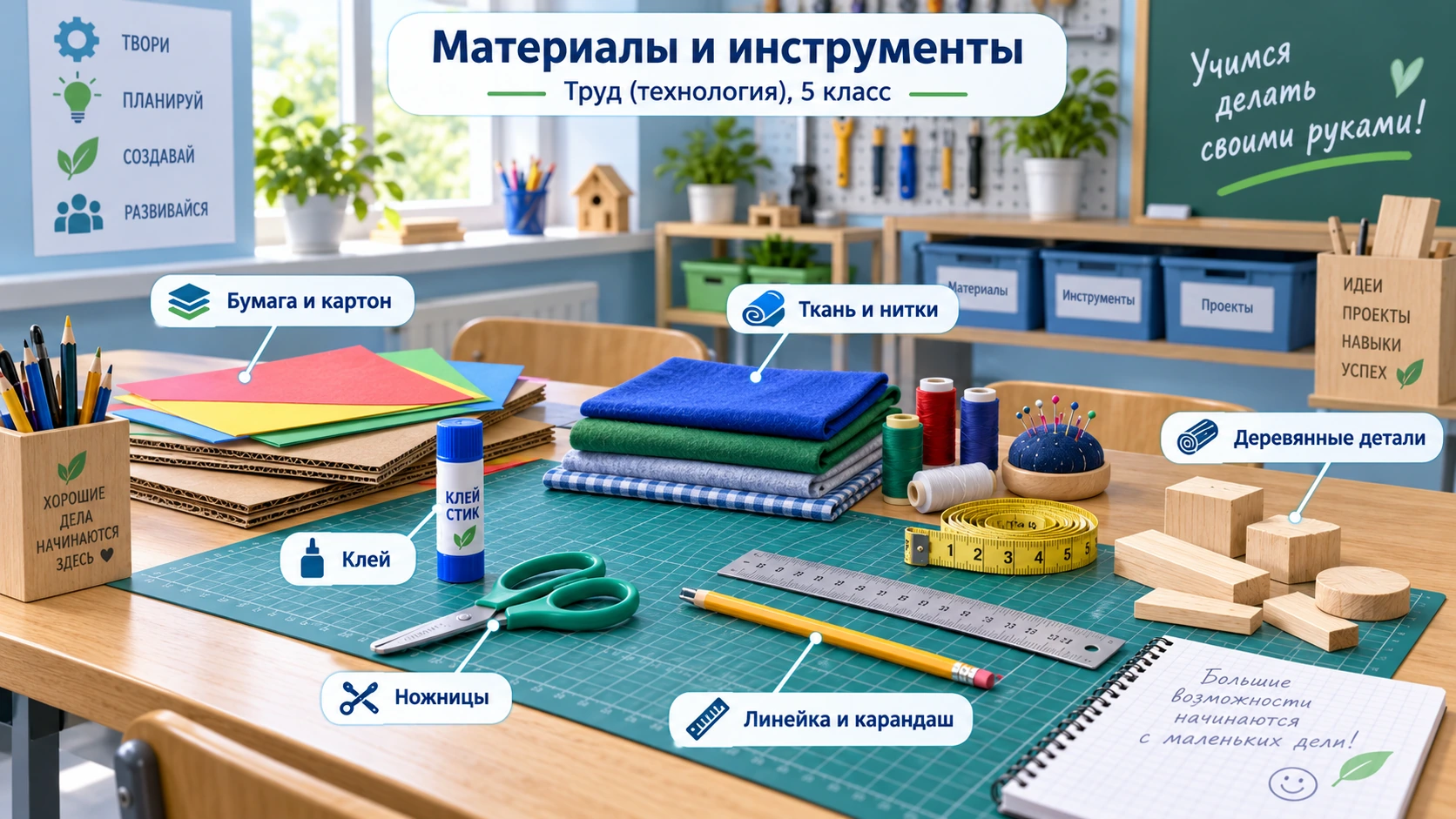 Материалы и инструменты, используемые для практической работы на уроке труда