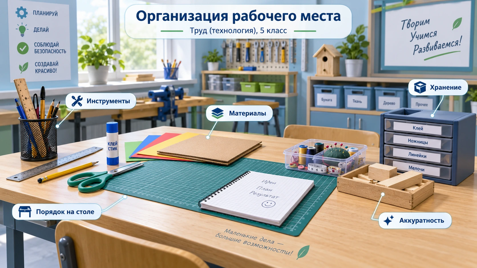 Организация рабочего места на уроке труда: инструменты, материалы и порядок на рабочем столе
