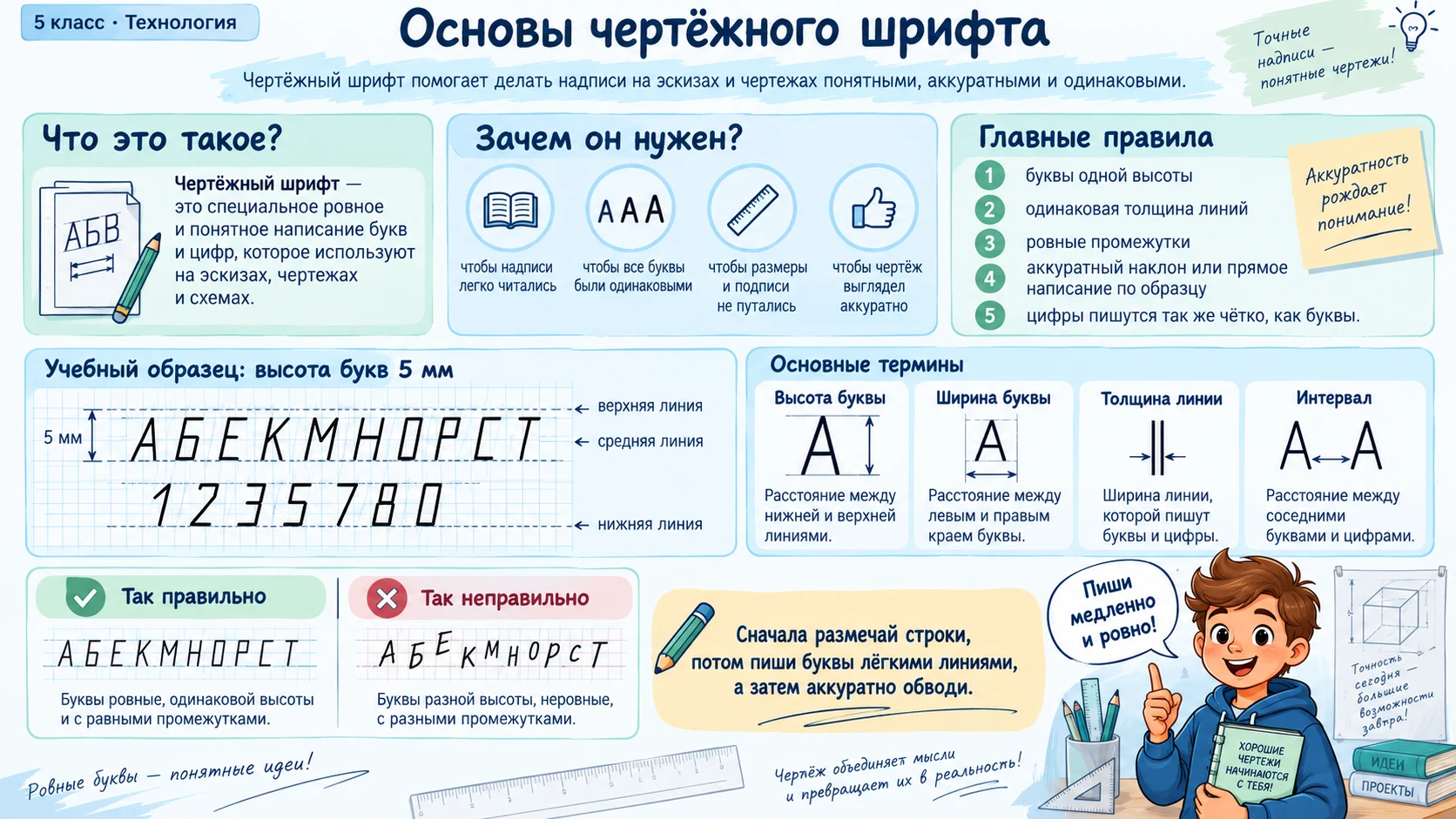 Основные правила чертёжного шрифта: высота, ширина, наклон, толщина линий и интервалы