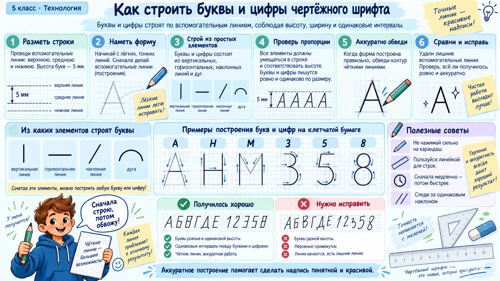 Построение букв чертёжного шрифта по вспомогательной сетке