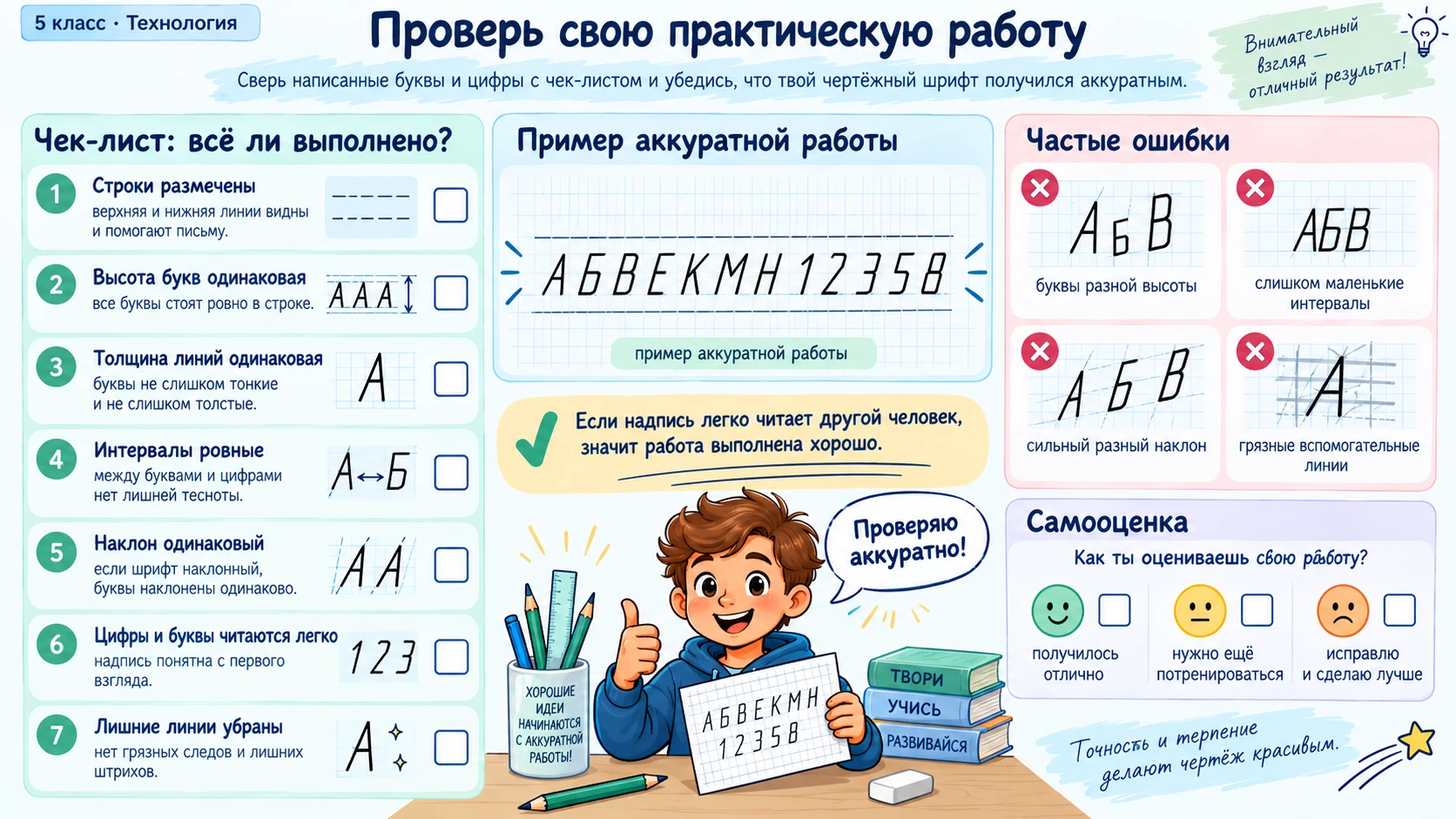 Последовательность выполнения и проверки практической работы по чертёжному шрифту