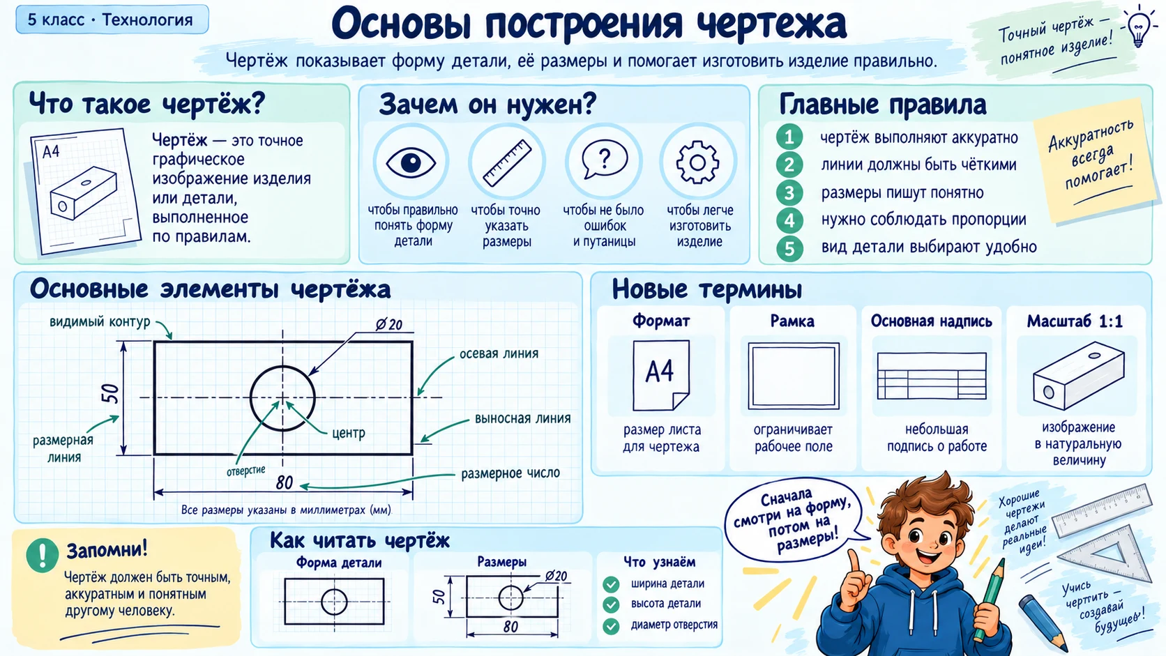 Основные правила построения чертежа: рамка, основная надпись, линии, размеры и масштаб