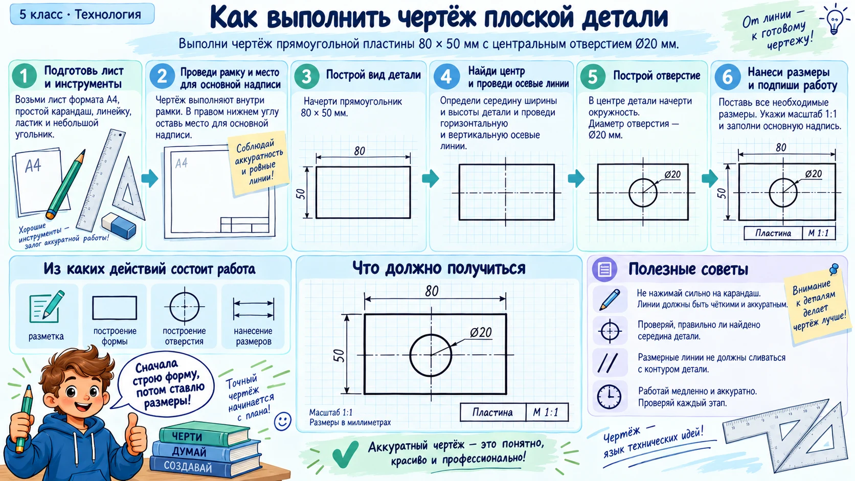 Учебный чертёж прямоугольной пластины 80 на 50 миллиметров с центральным отверстием диаметром 20 миллиметров