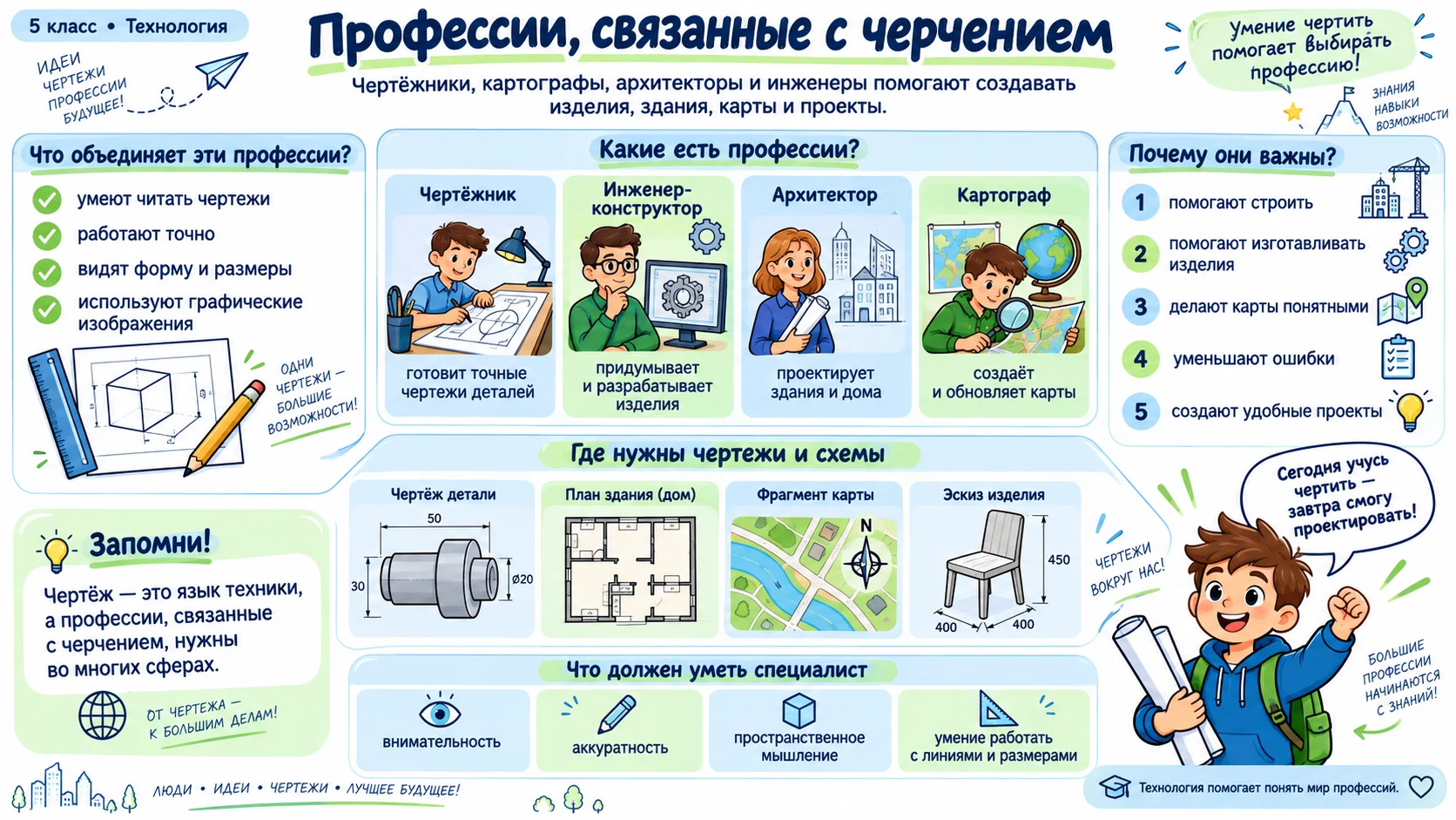 Профессии, связанные с черчением: чертёжник, инженер-конструктор, архитектор, картограф и геодезист