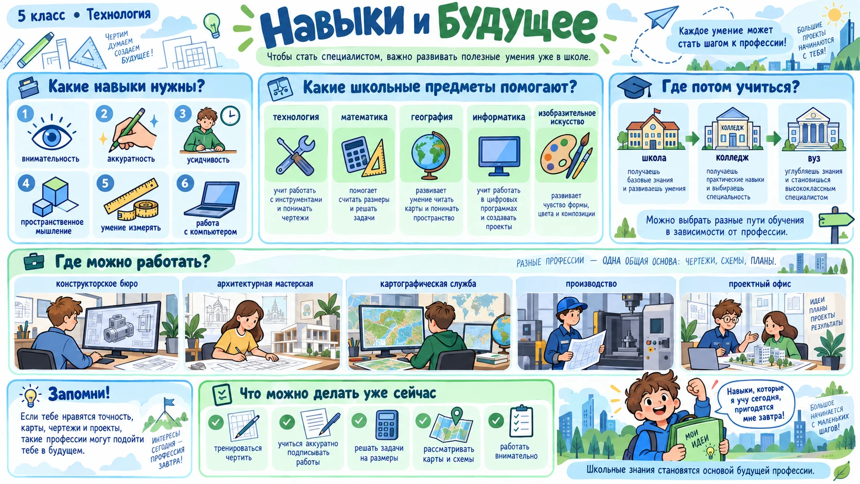 Связь школьных навыков с профессиями чертёжника, инженера, архитектора, картографа и геодезиста