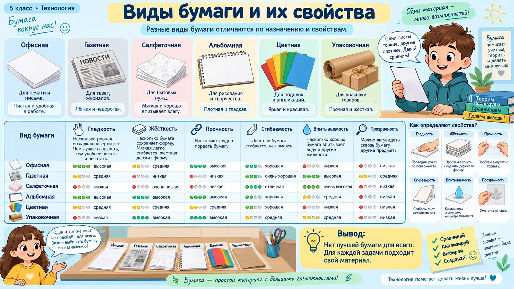Сравнение видов бумаги по гладкости, жёсткости, прочности, сгибаемости, впитываемости и прозрачности