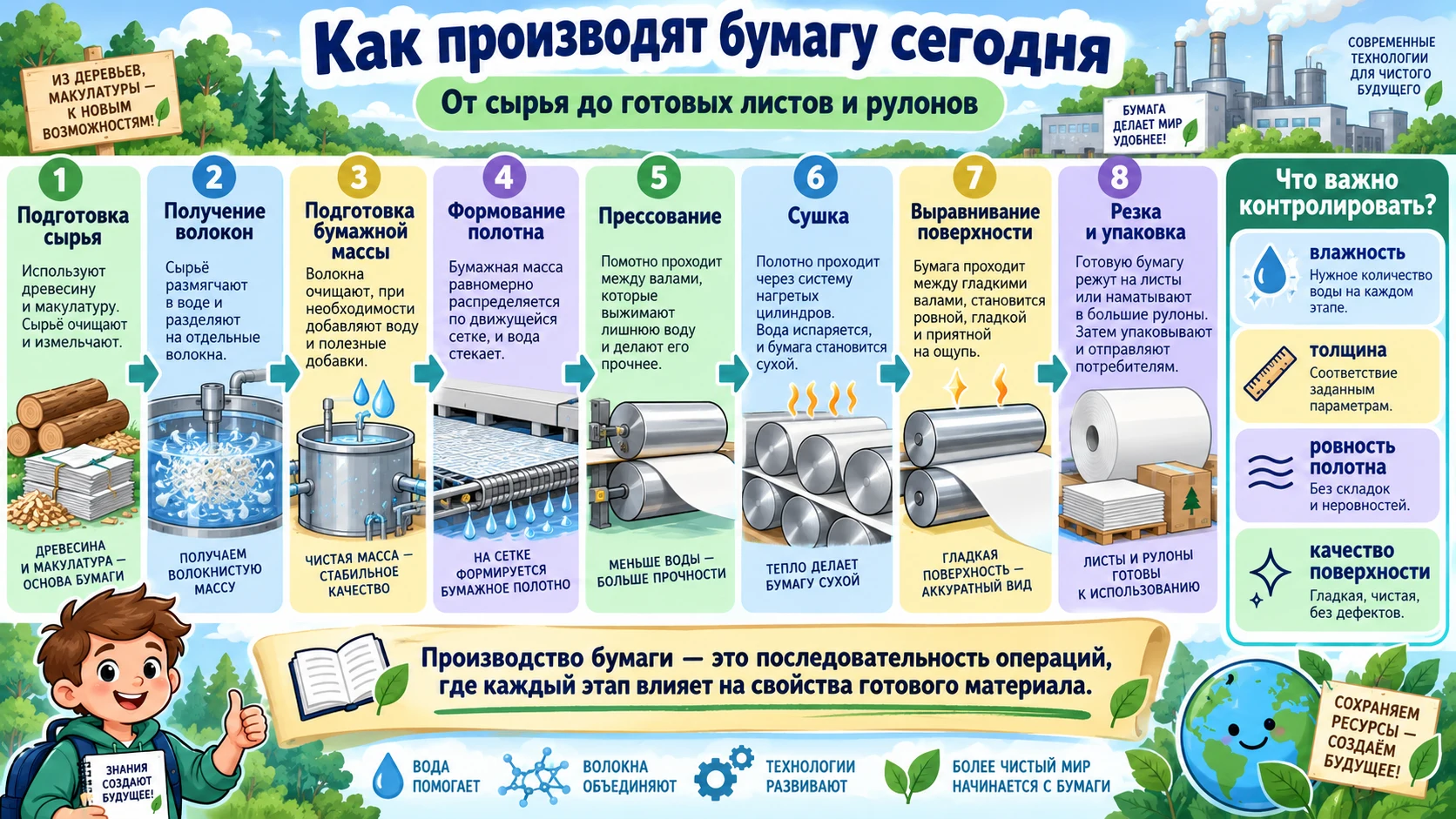 Основные этапы современного производства бумаги от подготовки сырья до резки и упаковки готовой бумаги