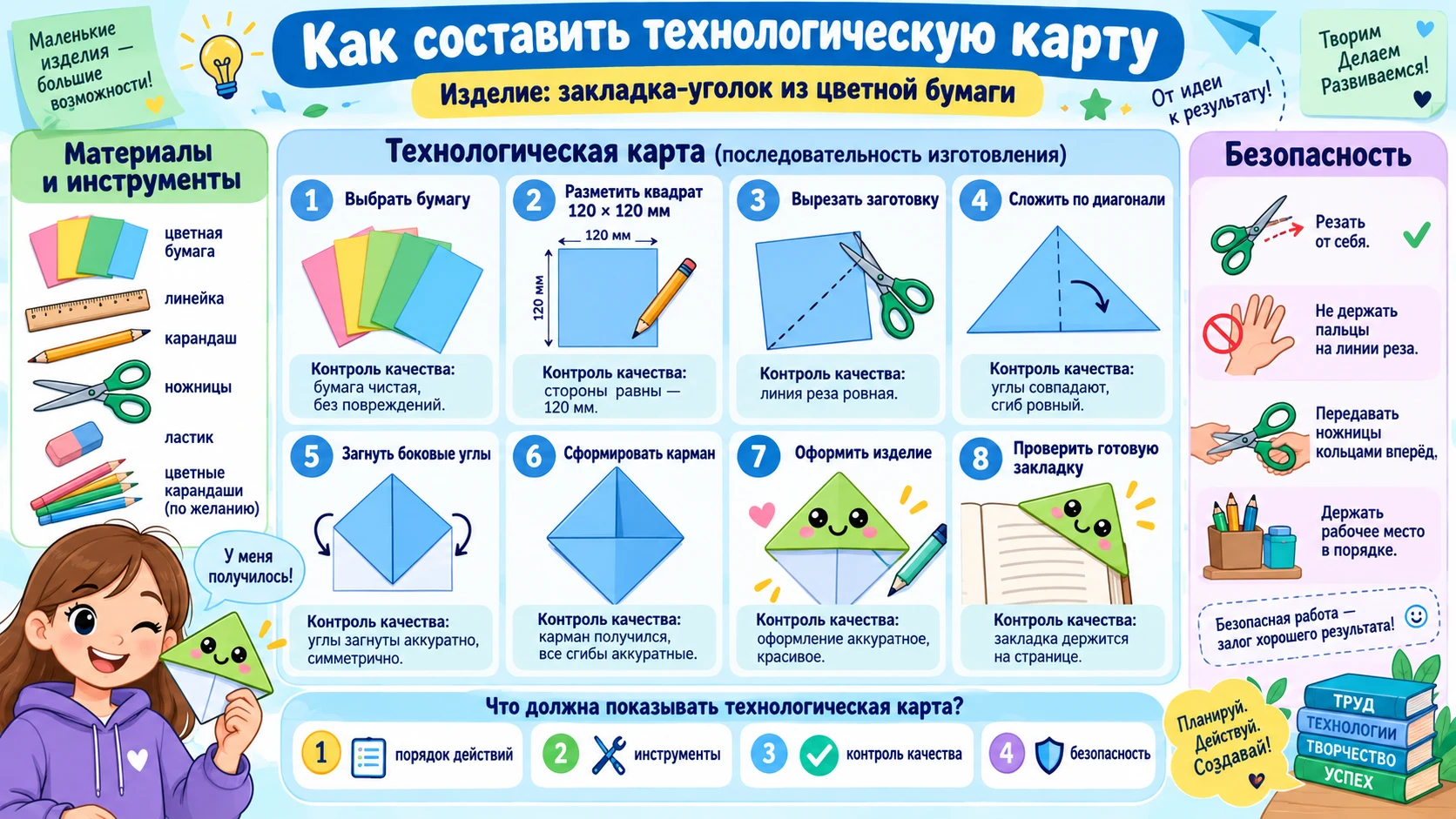 Технологическая карта изготовления бумажной закладки-уголка с последовательностью операций, инструментами и контролем качества