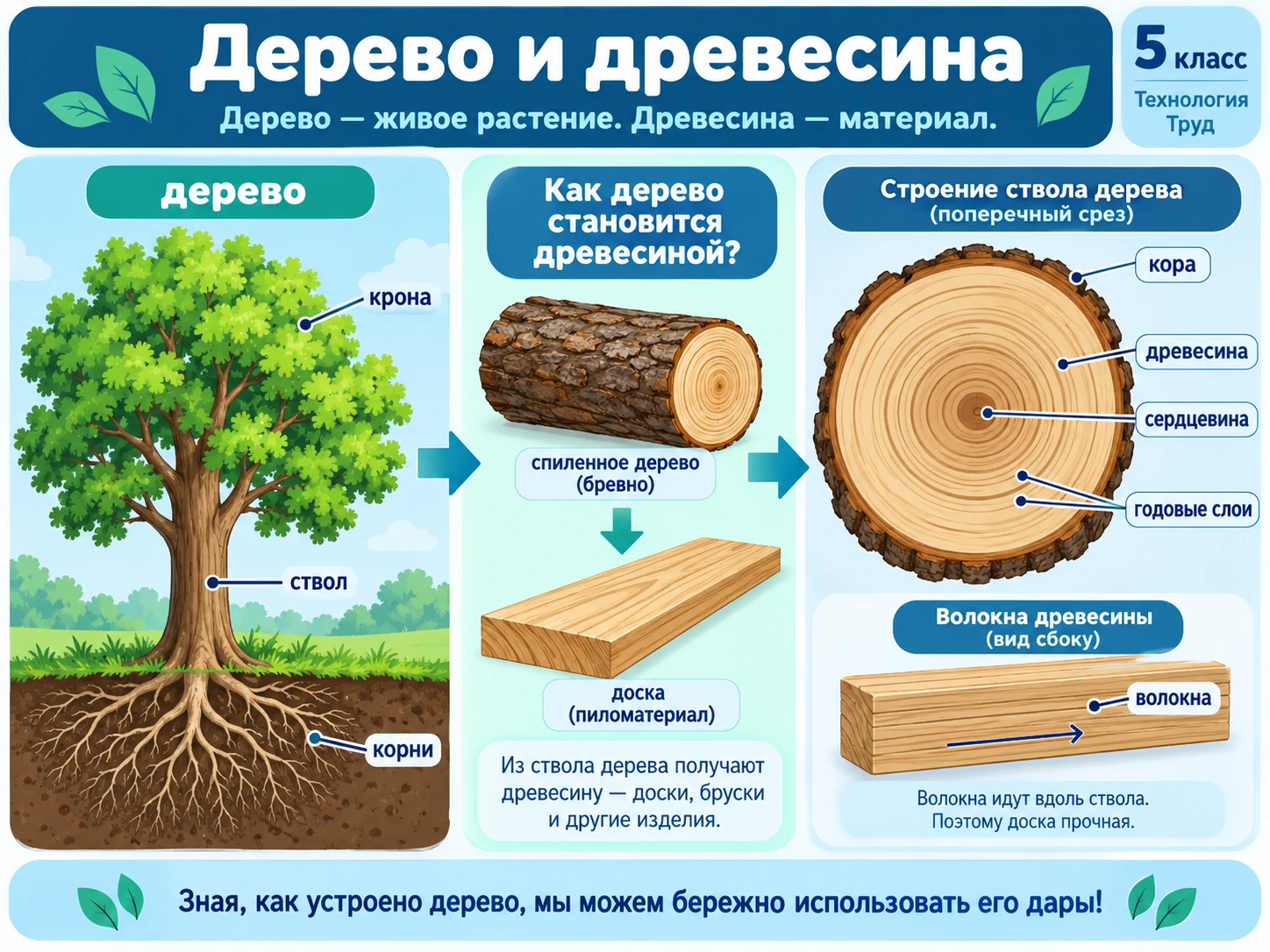 Дерево, поперечный срез ствола и основные части древесины