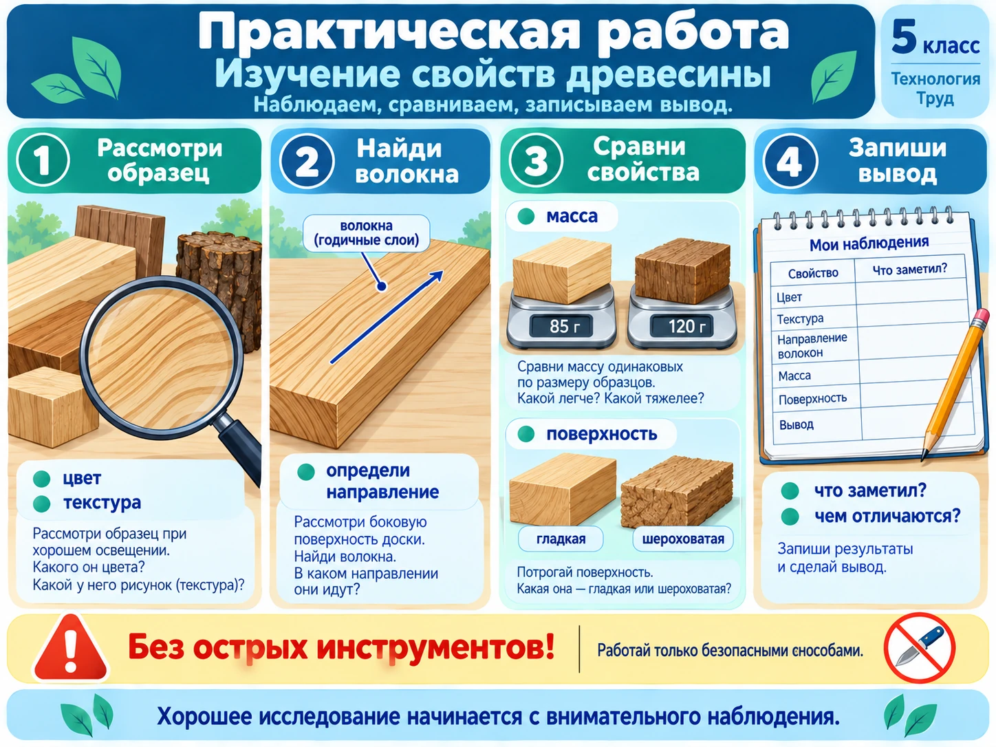 Последовательность практического исследования свойств древесины: цвет, текстура, волокна, поверхность и сравнение массы