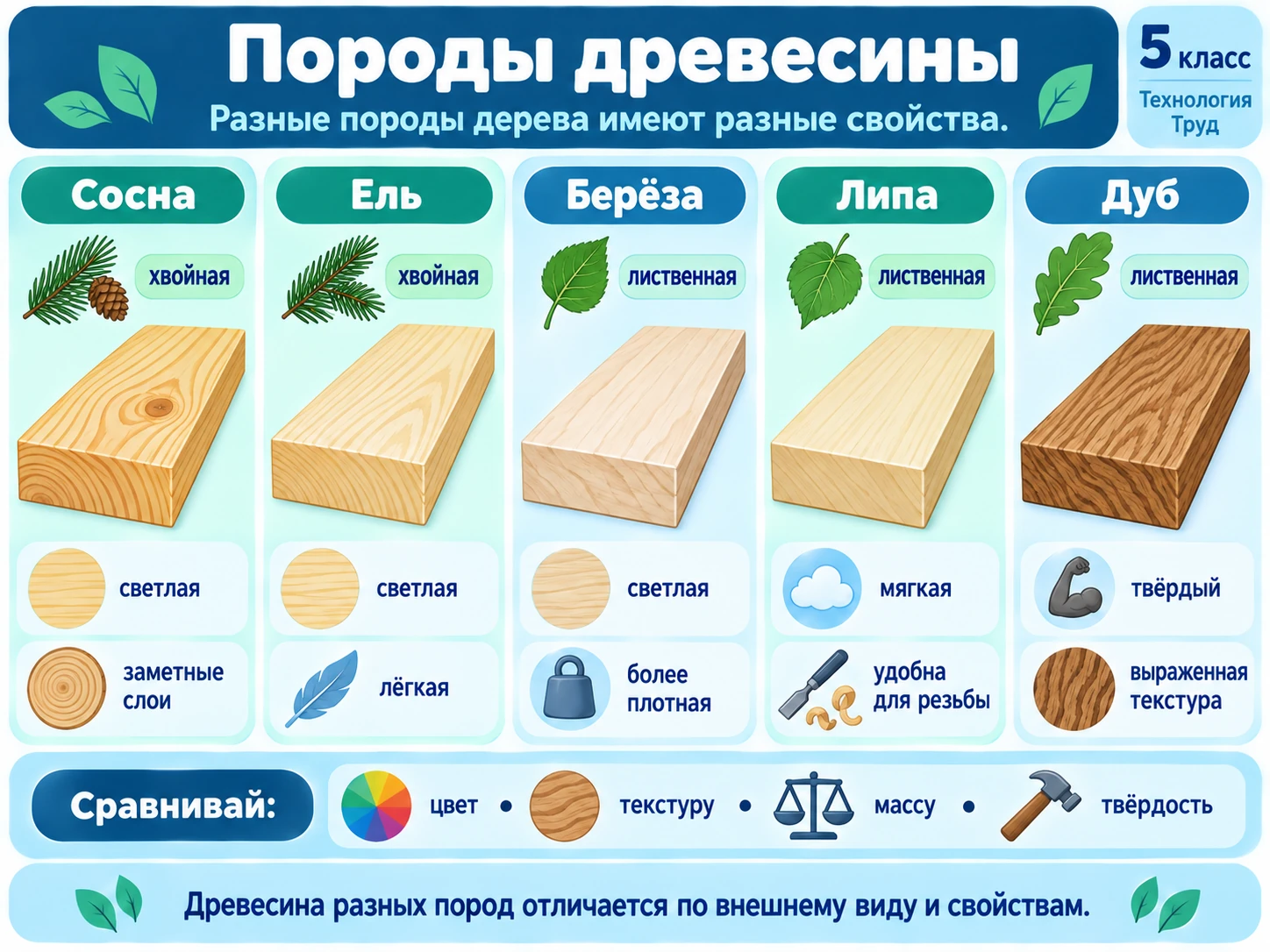 Сравнение древесины сосны, ели, берёзы, липы и дуба по внешнему виду и свойствам
