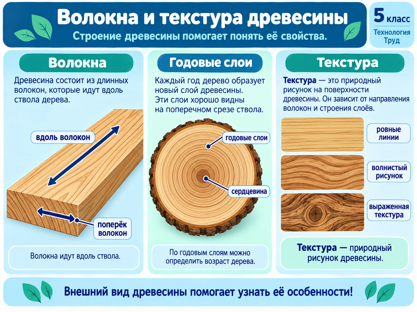Направление древесных волокон, годовые слои и примеры текстуры древесины