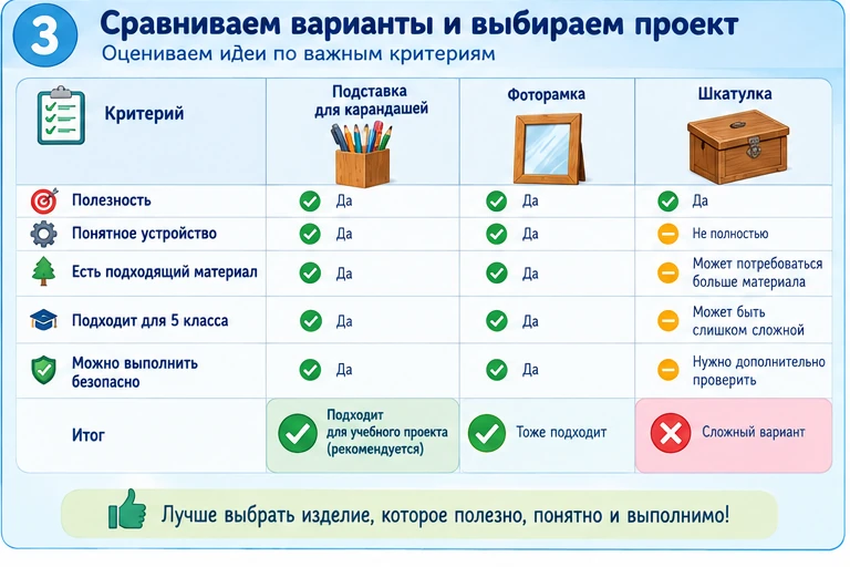 Сравнение нескольких идей деревянных изделий по критериям полезности, сложности, материалов и безопасности