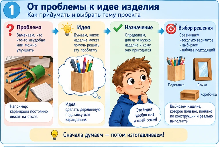 Схема выбора проекта из древесины: проблема, идея, назначение изделия, выбор решения